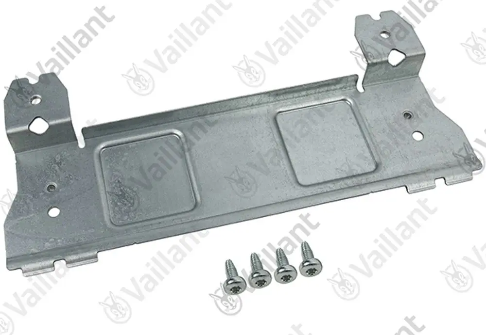 Metallhalter von Vaillant mit Montagelöchern, geliefert mit vier Schrauben. Zum Anbringen an einer Wand oder einer anderen Oberfläche geeignet.
